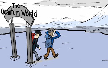 cartoon showing two men and the text quantum world